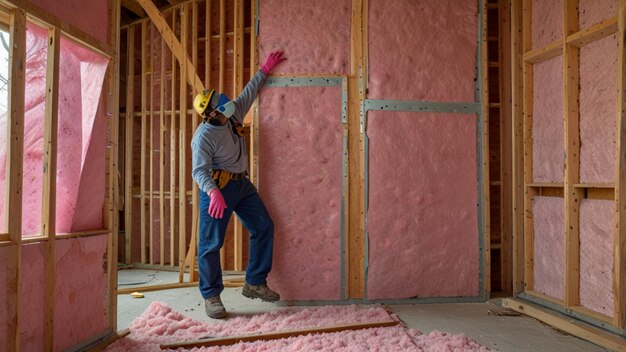 Photo an insulation installer placing pink fiberglass insulation into the walls of a house under construction