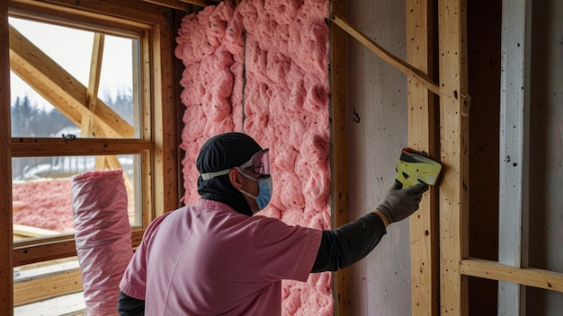 Photo an insulation installer placing pink fiberglass insulation into the walls of a house under construction