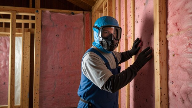 Photo an insulation installer placing pink fiberglass insulation into the walls of a house under construction