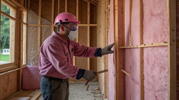 Photo an insulation installer placing pink fiberglass insulation into the walls of a house under construction