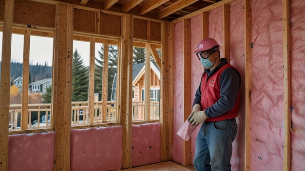 Photo an insulation installer placing pink fiberglass insulation into the walls of a house under construction