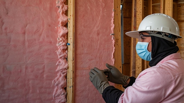 Photo an insulation installer placing pink fiberglass insulation into the walls of a house under construction