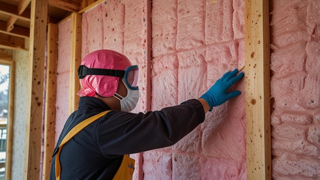 Photo an insulation installer placing pink fiberglass insulation into the walls of a house under construction