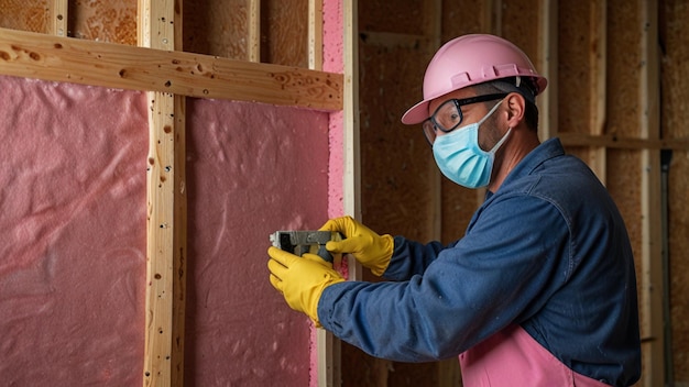 Photo an insulation installer placing pink fiberglass insulation into the walls of a house