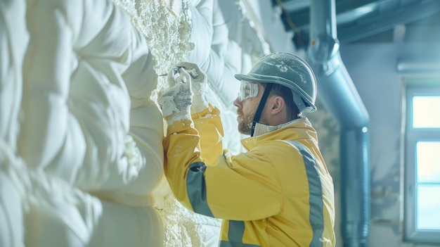 Insulation worker in protective clothing examining foam isolation installed on a wall