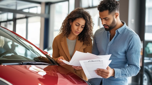 An insurance agent assisting a client with a car insurance claim reviewing documents together