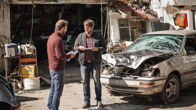 An insurance agent meeting a client at a car repair shop to discuss an insurance claim