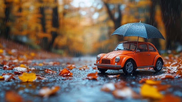 Insurance Concept with Copy Space Vintage Red toy Car Sheltered Under Umbrella in a Rainy Autumn Sce