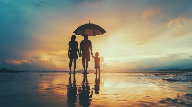 Insurance concept with family silhouette under umbrella