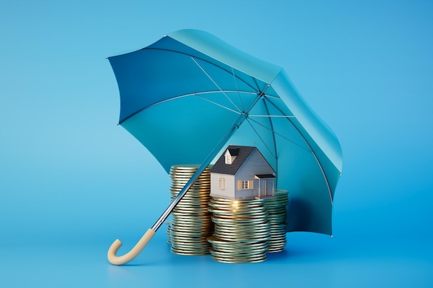 Insurance when renting and buying a home coins and a house under an umbrella 3D render