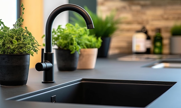 integrated kitchen sink matte black faucet free photo