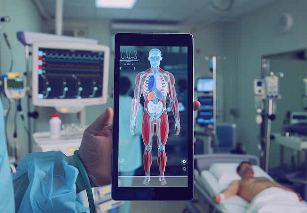 Integrating advanced technologies into healthcare detailed 3D visualization of human anatomy on a tablet in a modern hospital setting