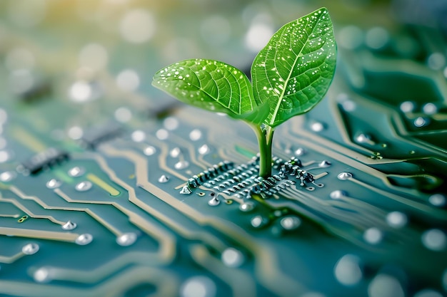 Integrating Green Plants with Computer Circuit Boards for Sustainable Technology in Nature Concept Sustainable Technology Green Plants Computer Circuit Boards Integration Nature