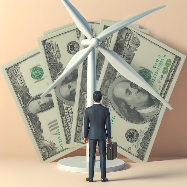 Photo integrating renewable energy and finance person with wind turbine and dollar bills in conceptual ph