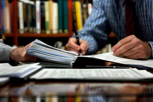 Intellectual Property Lawyers Reviewing Documents with Client in Modern Law Office