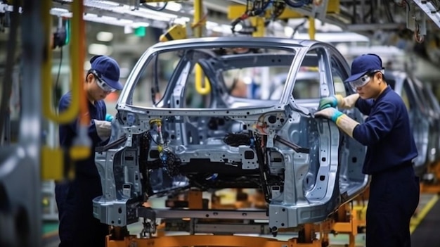 An intelligent auto factory with Generative AI employs workers on the production line for electric SUVs