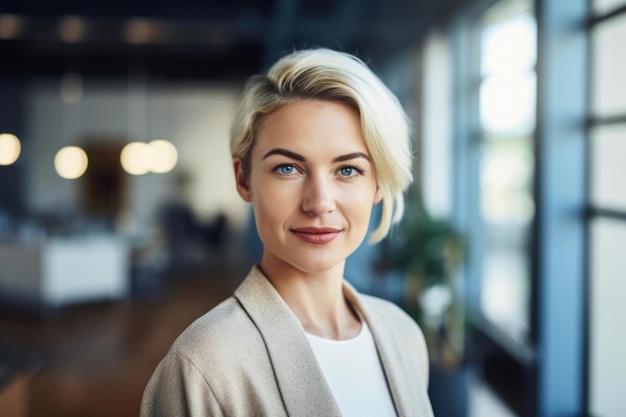 Intelligent businesswoman in a bright modern office space with a warm smile and focused gaze