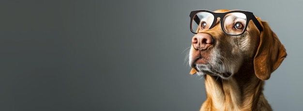 Intelligent dog wearing large black glasses on grey background with copy space