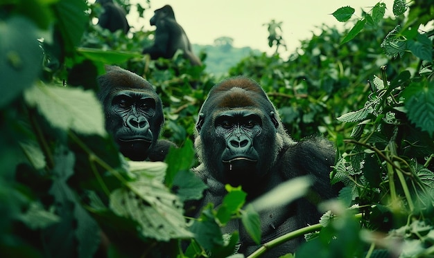 Photo intelligent gorillas in a dense jungle