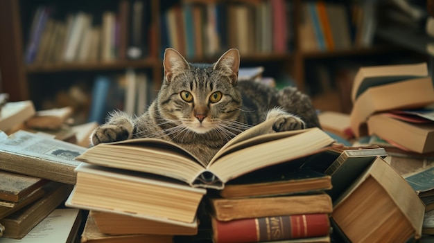 Intelligent and scholarly tabby cat surrounded by books in a cozy indoor library