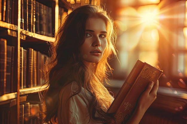 Intelligent woman with book in library