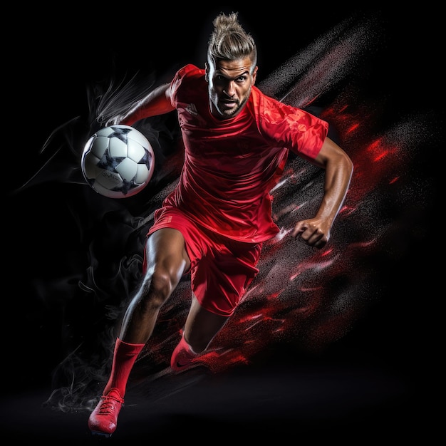 Intense Action Football Player in Red Shirt Strikes in a Striking Black Setting