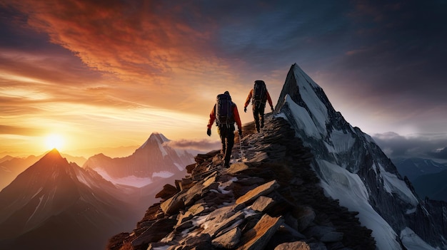 Intense alpine ascent mountaineers conquer rugged peak with colorful gear at sunset