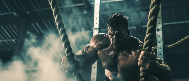 Intense athlete engaged in strenuous rope climbing exercise demonstrating peak fitness