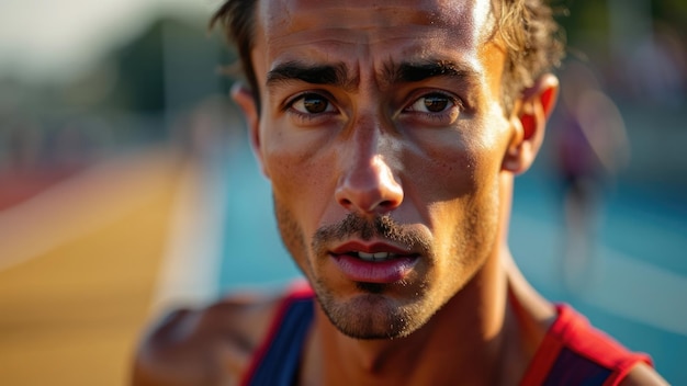 Photo intense athlete on track looking focused and determined in a closeup shot