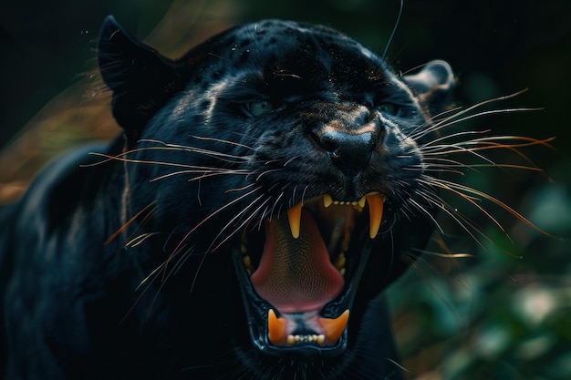 Photo intense black panther snarling in the wild