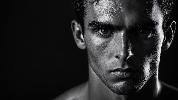 Photo intense black and white portrait of an athlete showcasing strength and focus in action