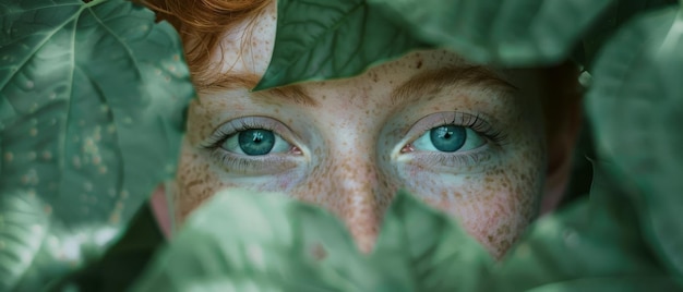 Photo intense blue eyes of a person glazed through lush vibrant green leaves expressing a connection with nature