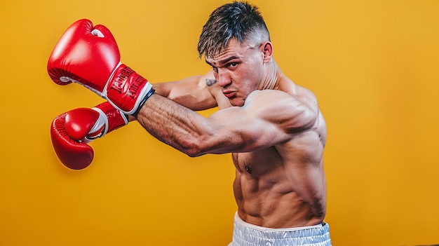 Photo intense boxer punching on flat color background