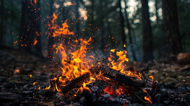 Intense campfire in the forest with vibrant flames and sparks