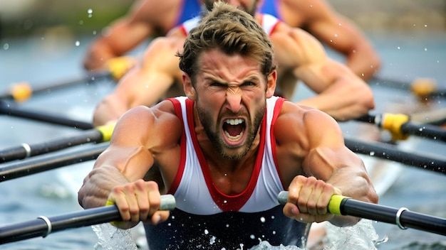 Photo intense close up of rower s strained expression in olympic race epitomizing competitive spirit