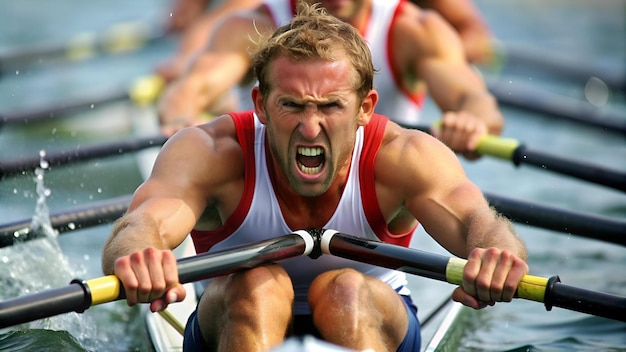 Photo intense close up of rower s strained expression in olympic race epitomizing competitive spirit