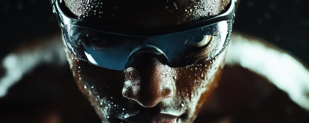 Photo intense closeup of an athlete wearing vr goggles drenched in sweat showcasing focus and determination