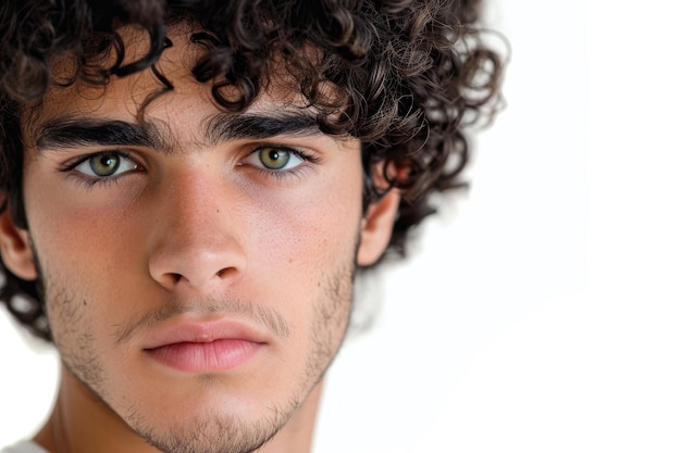 Intense Closeup Portrait Of A Captivating Young Man With Curly Hair Perfect For Advertising