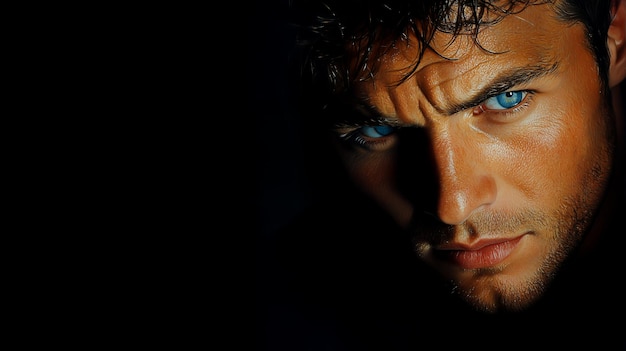 Photo intense closeup portrait of a man with piercing blue eyes in dramatic lighting