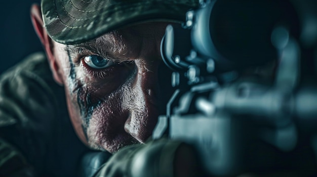 Photo intense closeup of a soldier with a rifle