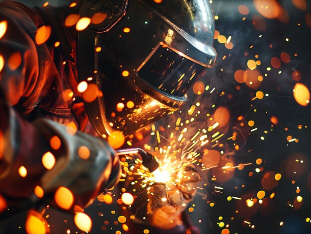 Photo intense closeup of a welder at work with sparks flying