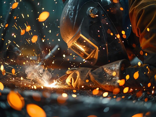 Photo intense closeup of a welder at work with sparks flying