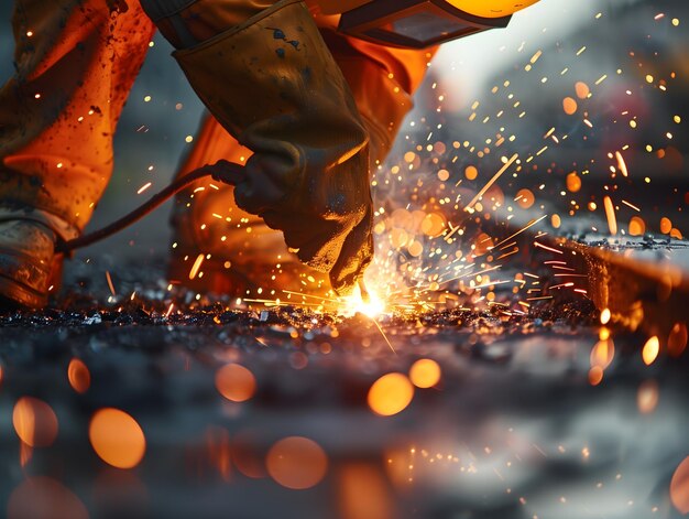 Photo intense closeup of a welder at work with sparks flying