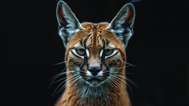 Photo intense closeup of whole caracal head on black background