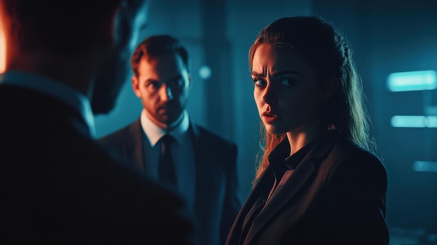 Photo intense conversation in a dimly lit room among three people dressed in formal attire during a highstakes meeting