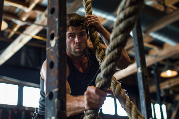 Photo intense crossfit training in gym with focused athlete climbing rope ai