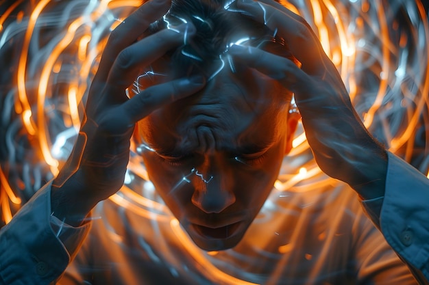 Photo intense emotional struggle captured in a surreal light display