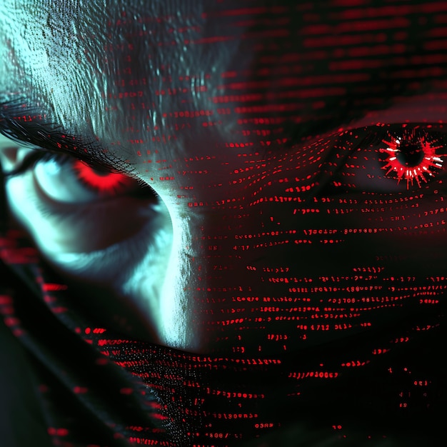 Photo intense eyes behind digital mask cybersecurity threat unveiled