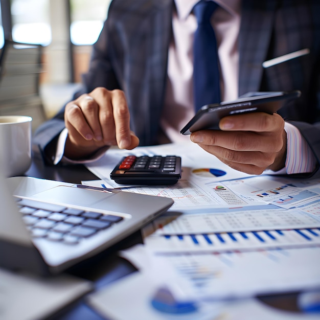 Intense Financial Review Businessman Analyzes Costs and Financial Report at Desk