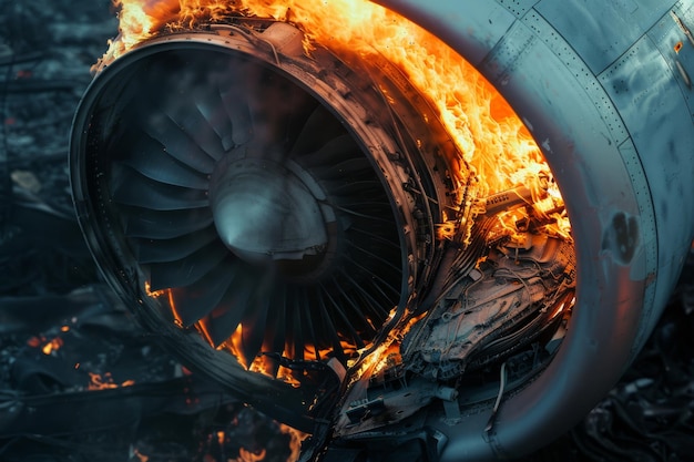 Photo the intense fire consuming a plane engine capturing both the fury and devastation of the burning metal and machinery